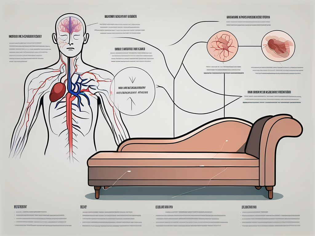 A fainting couch next to a diagram of the human circulatory system highlighting the vagus nerve