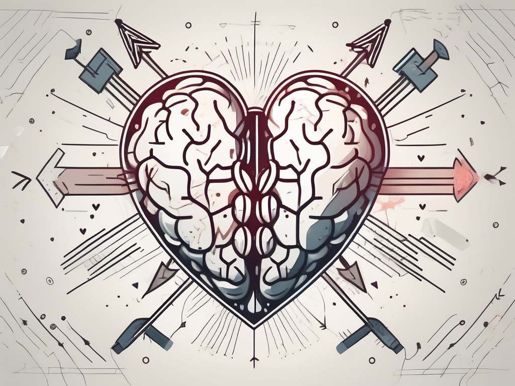 A heart connected to a brain with symbolic elements like a shield and arrows to represent protection and avoidance of a vasovagal response