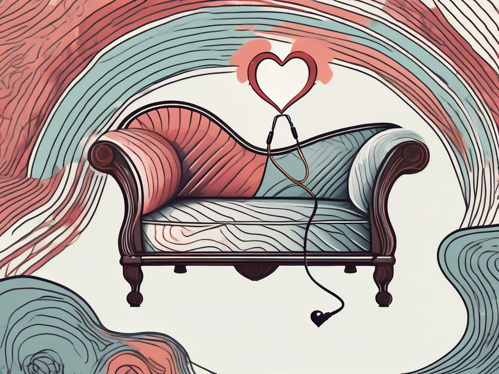 A fainting couch with a medical stethoscope and a heart symbol