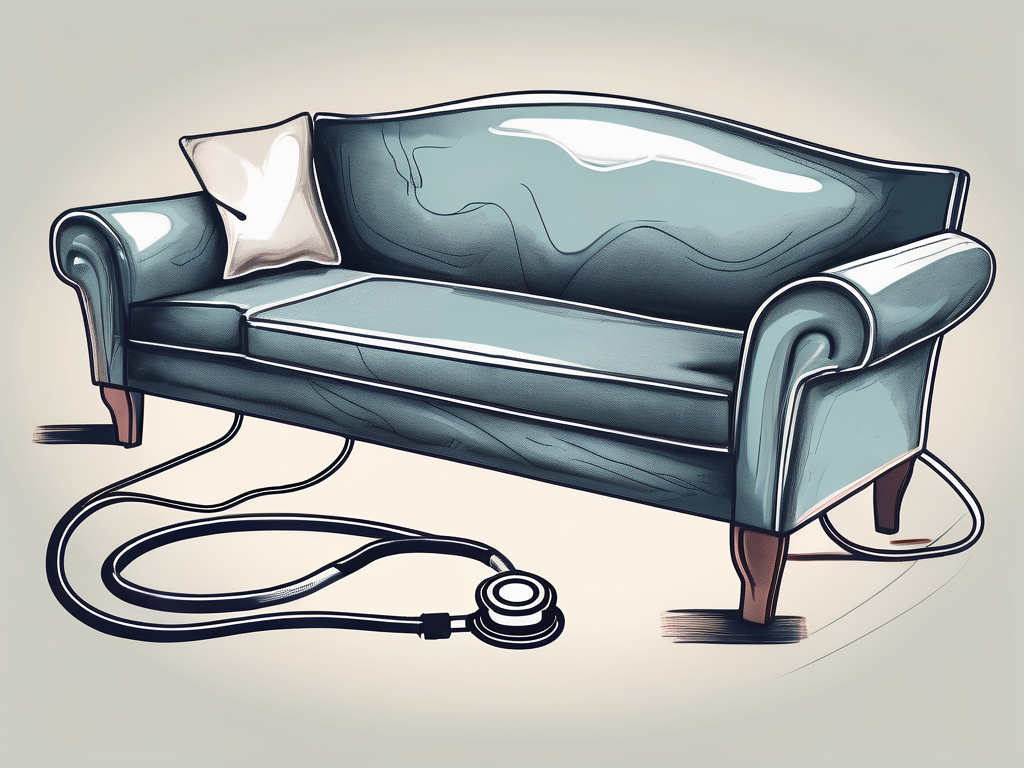 A fainting couch with a stethoscope and a heart rate monitor to symbolize the medical condition of vasovagal syncope