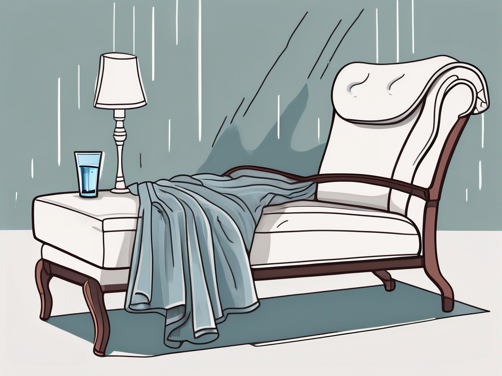 A fainting couch with a glass of water and a blanket on it