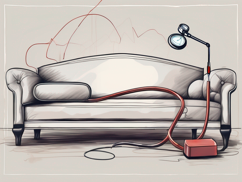 A fainting couch with a medical stethoscope and a heartbeat monitor